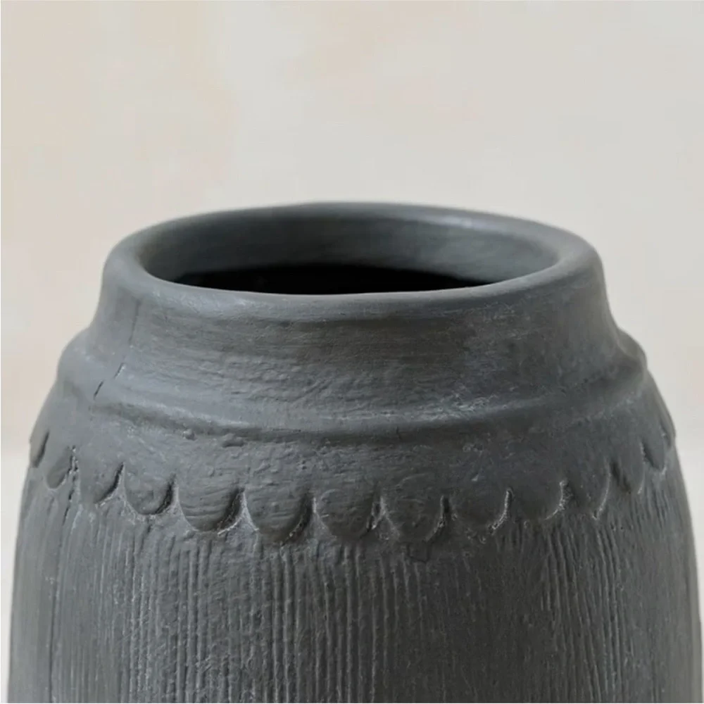 Magnolia Scalloped Black Vase - Small - Distressed Finish, Ceramic